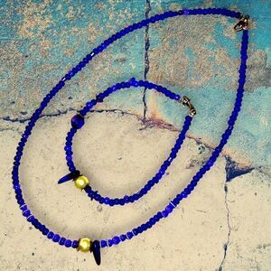 Blue Glass Beaded Necklace & Bracelet Cats Eye‎ Lime Glass Brass Clasps Jewelry